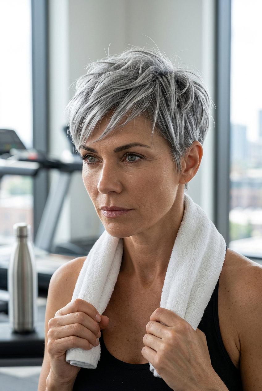 short silver smoke pixie cut with charcoal lowlights and side-swept fringe for summer