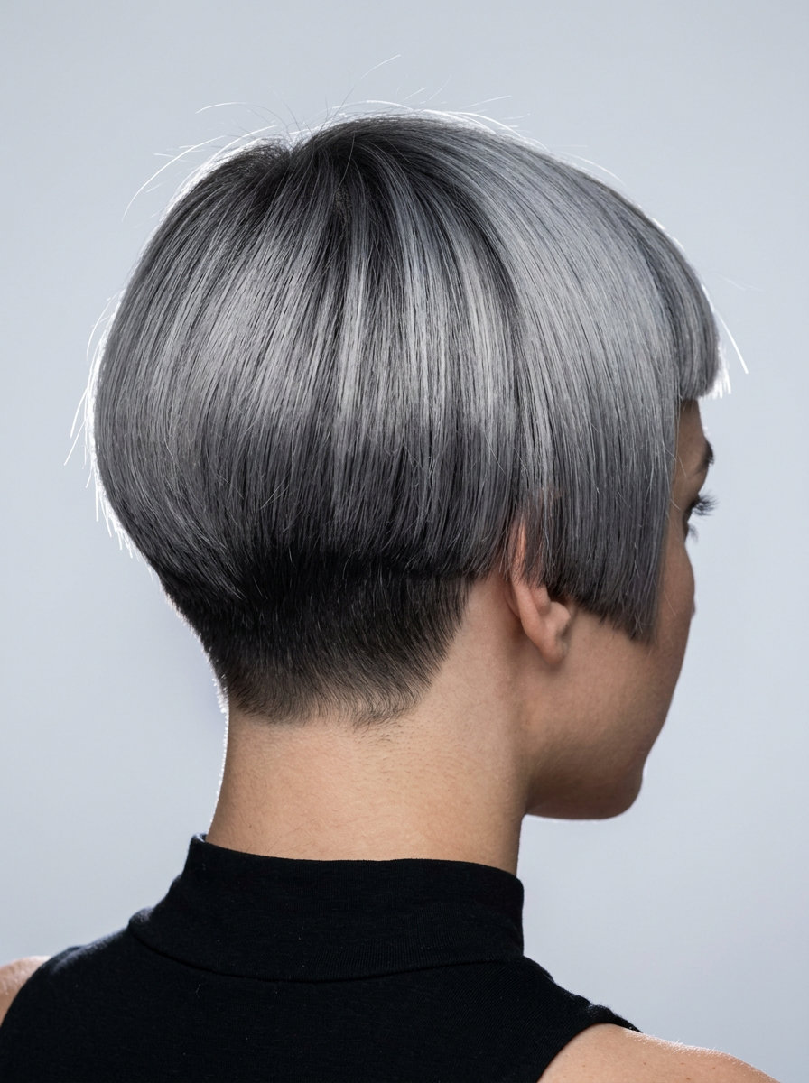 very short bixie haircut in silver smoke with blunt micro-fringe and sharp taper for avant-garde events