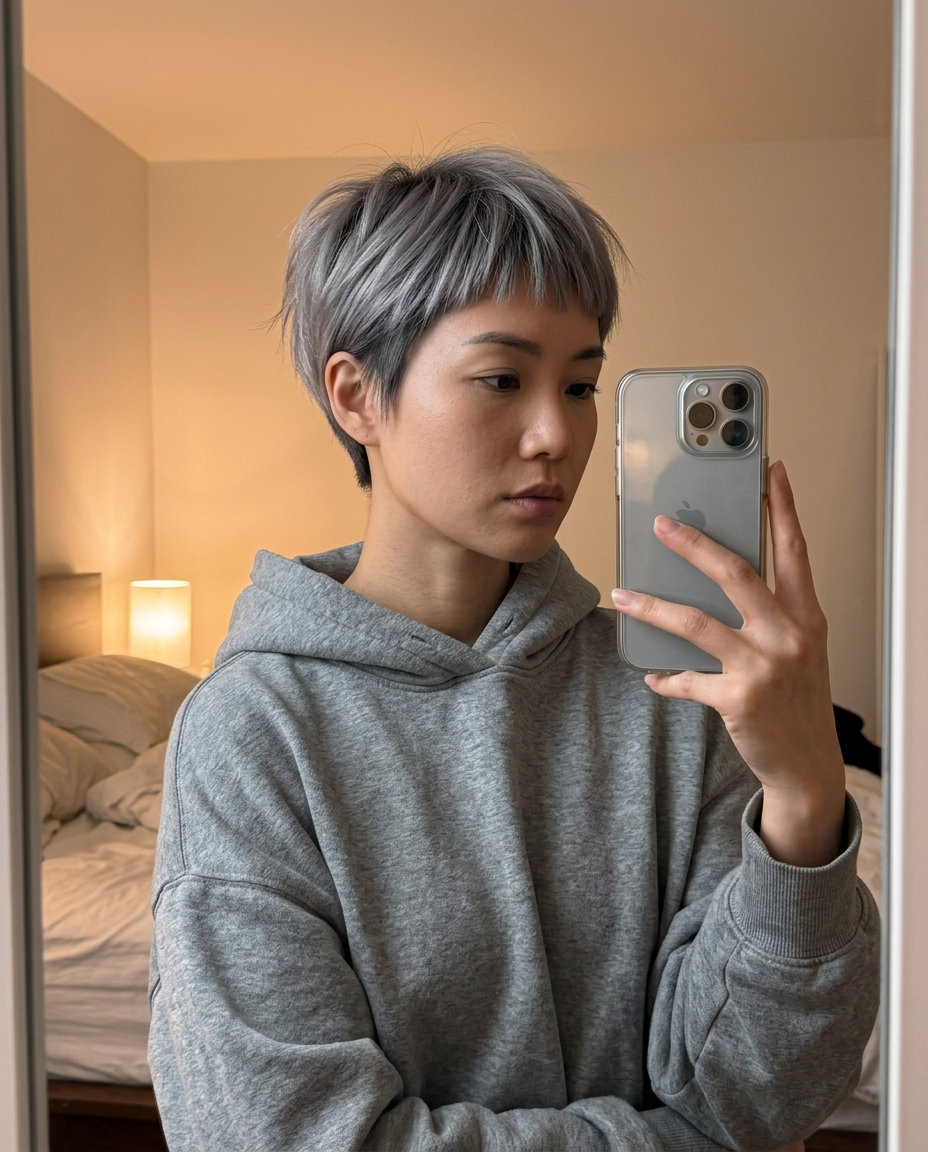 very short bixie haircut in metallic silver smoke with choppy micro-fringe and sharp taper for fashion events
