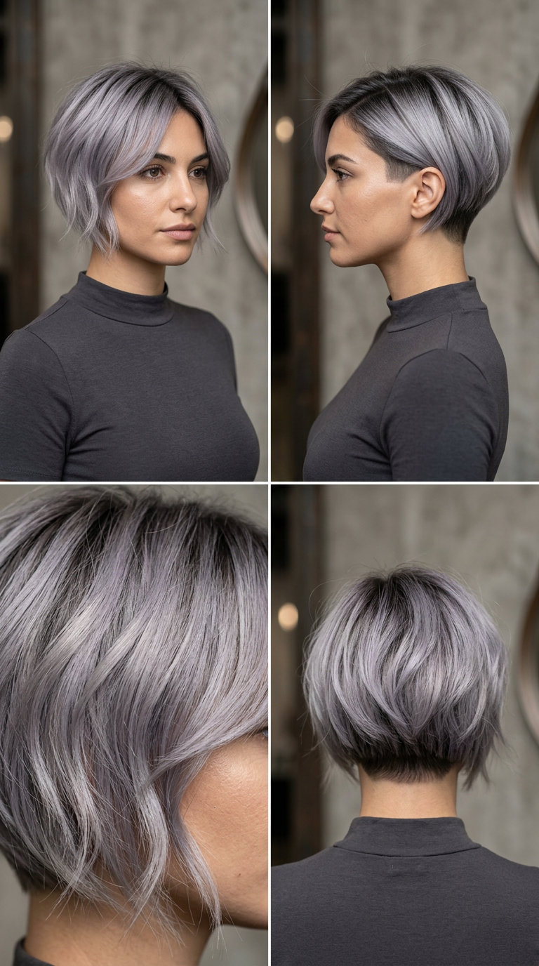 very short bixie haircut in silver smoke with lavender undertones and razored face-framing for evening events