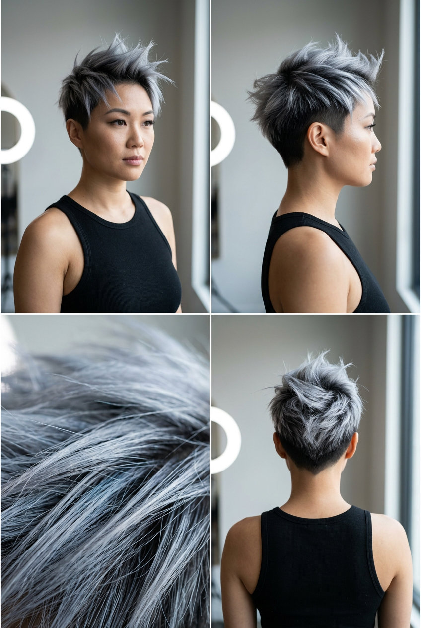 very short bixie haircut in metallic silver with charcoal root, aggressive point-cutting, sharp nape — futuristic avant-garde look