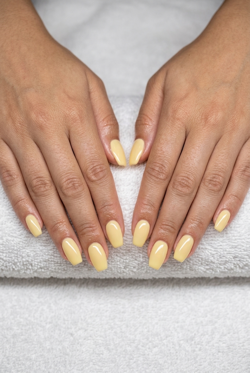 Butter Yellow Milky Coffin: Simple short summer nails 2026. Modern opaque yellow coffin shape for brunch.