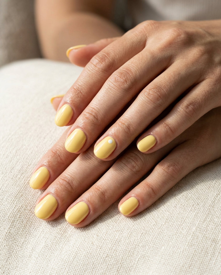 Simple short summer nails 2026: Butter yellow oval nails with white dot accent for summer picnic.