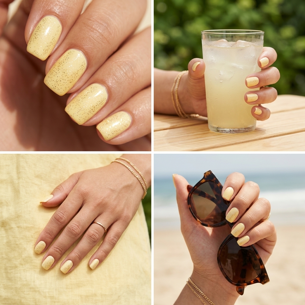 Sparkling Butter Yellow Glitter: Simple short summer nails 2026. Playful yellow gel with gold glitter for casual fun.
