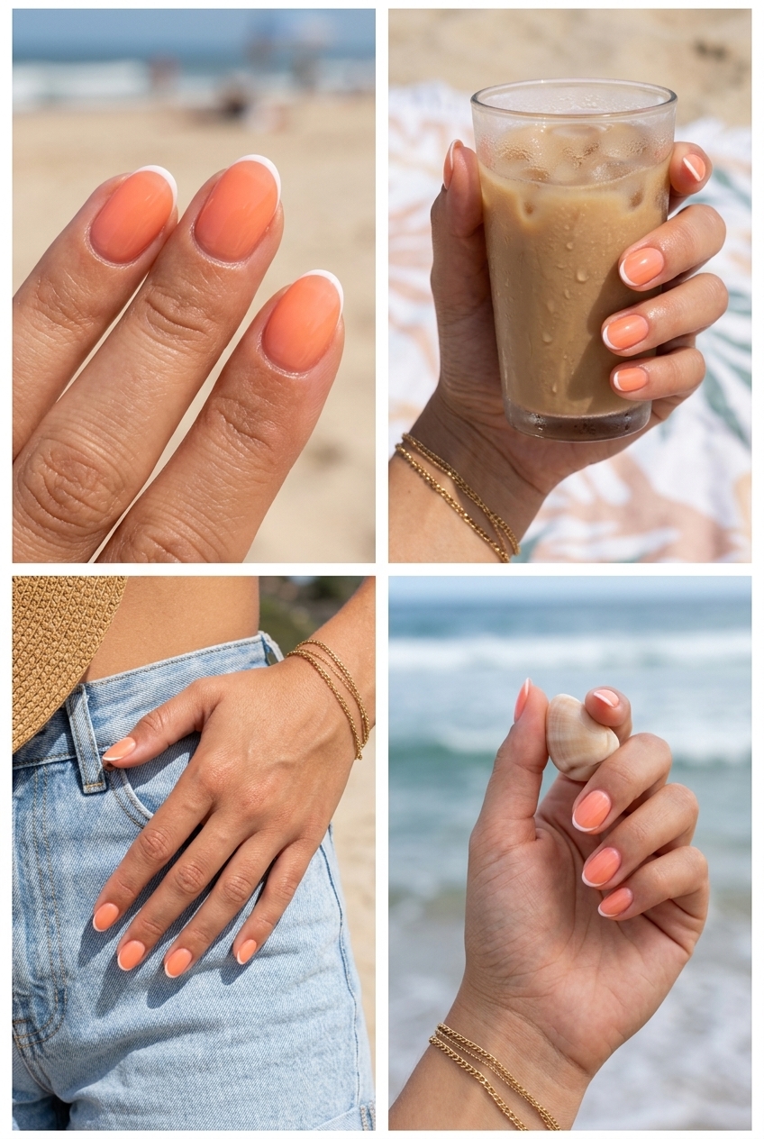 Simple short summer nails 2026: Jelly Peach Micro French Oval, playful translucent peach with white tip.