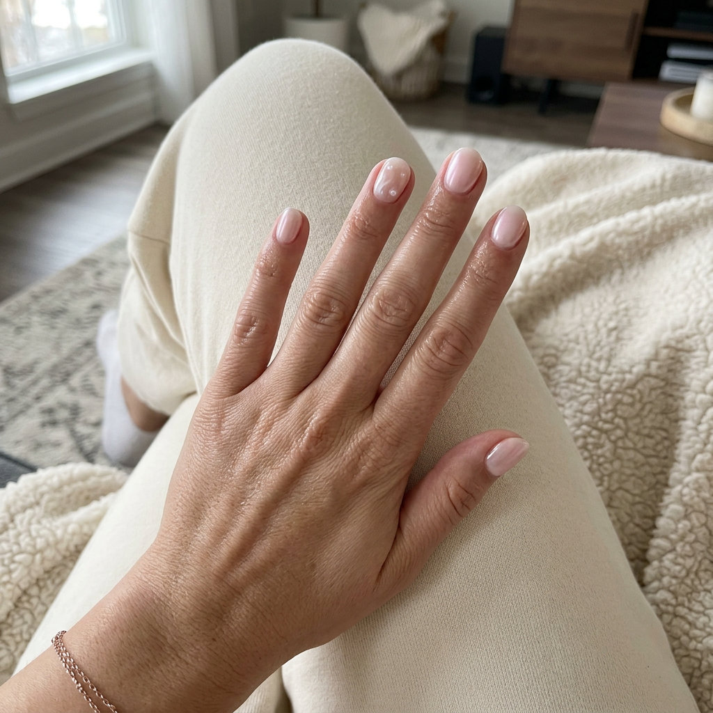 Milky Pink Milk Bath Accent: Simple short summer nails 2026. Romantic pale pink with pearlescent accents for weddings.