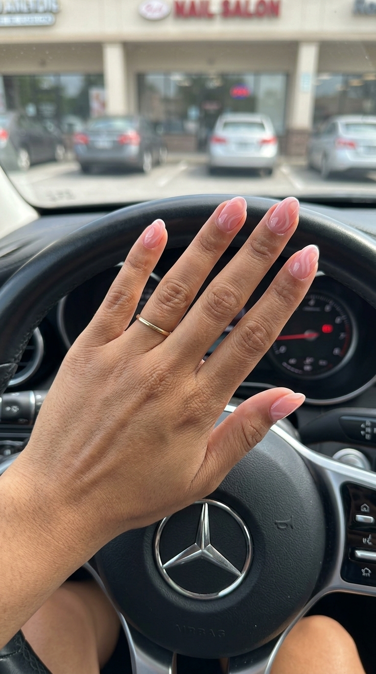 Milky Pink Swirls Oval: Simple short summer nails 2026. Dreamy pink swirls on a sheer pink base for casual dates.