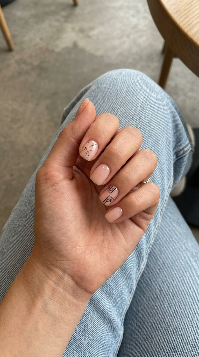Simple short summer nails 2026: Nude minimalist line art short round nails for daily work.