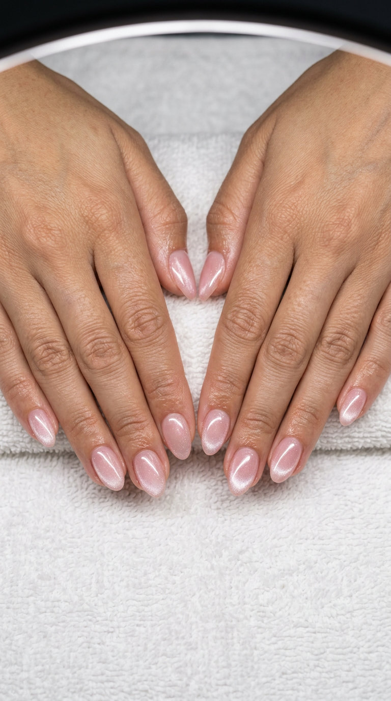 Simple short summer nails 2026: Pink Cat-Eye Sheer, romantic sheer pink with magnetic shimmer.