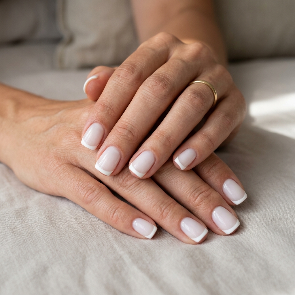 Simple short summer nails 2026: Sheer White Builder French, clean and polished classic look.