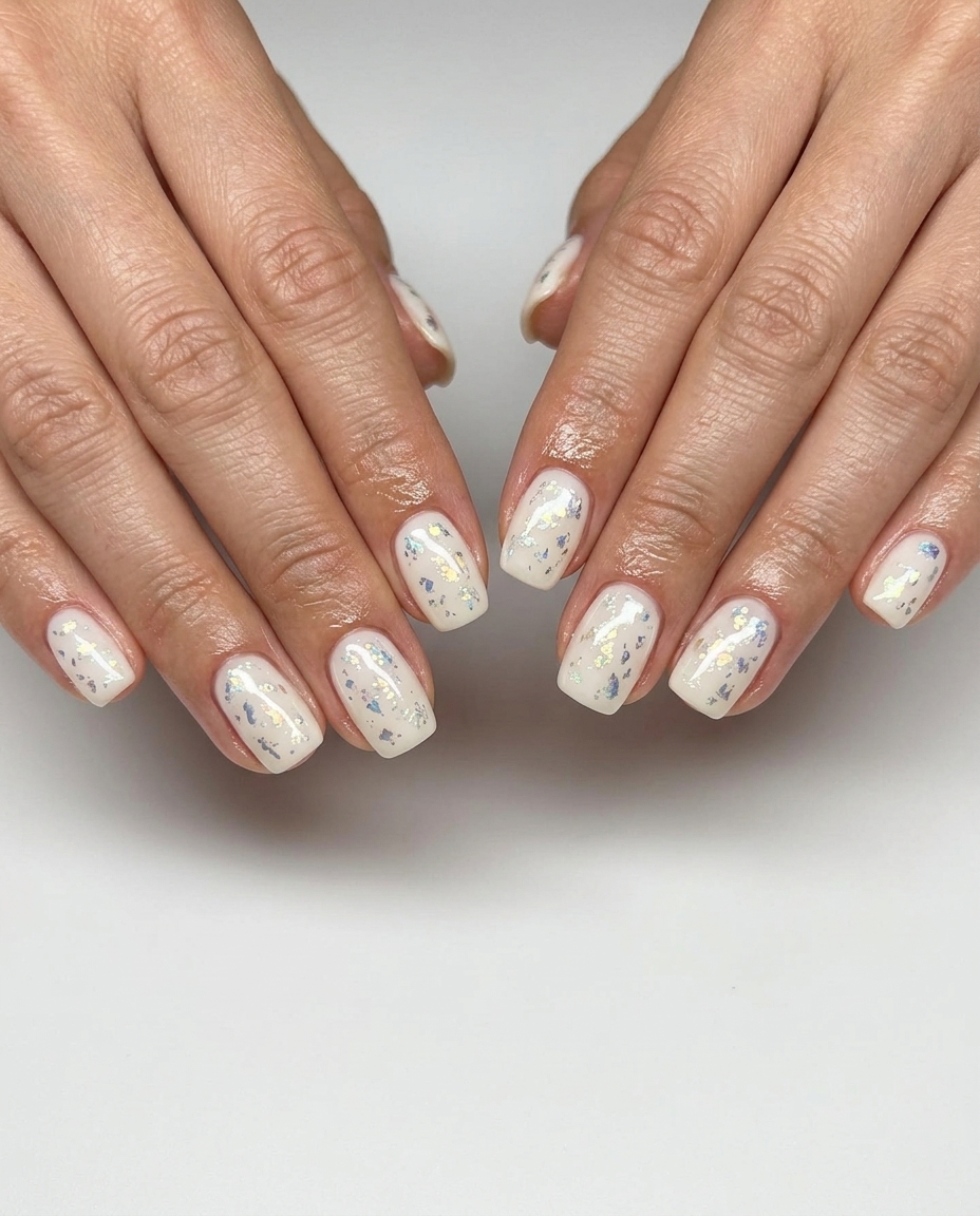 Shimmering Foil Milk: Simple short summer nails 2026. Milky white gel with iridescent foil flakes for parties.