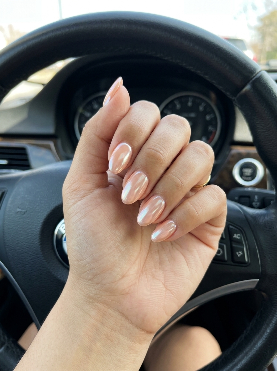 Subtle Peach Chrome Dust: Simple short summer nails 2026. Ethereal peach with pearlescent chrome shift for vacation.