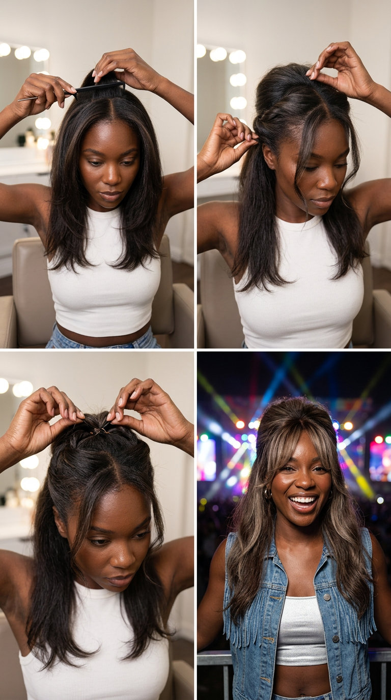 medium-long medium brown half up half down with ash blonde highlights, curtain bangs, bouffant volume — romantic music festival