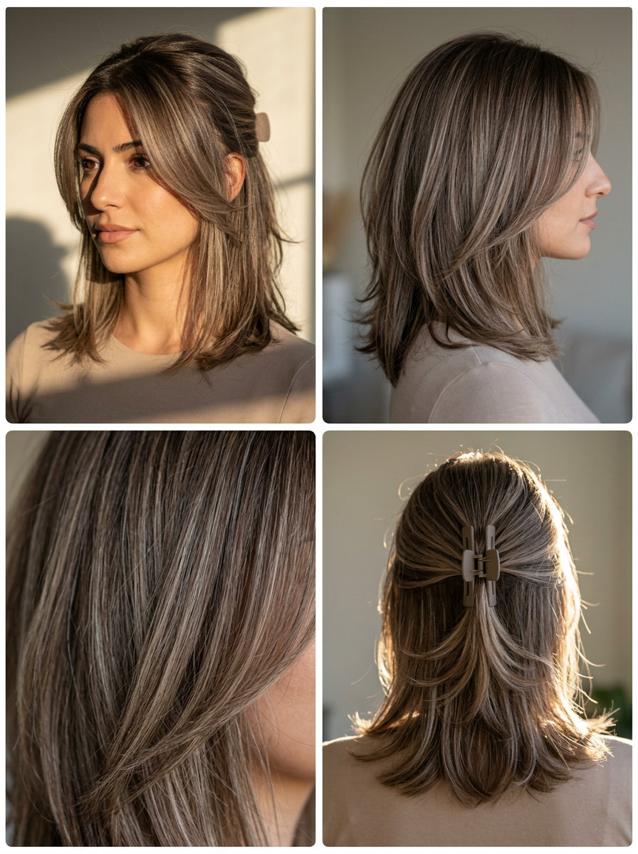 medium-length layered half up half down with smoked chai color, face-framing layers for daily wear