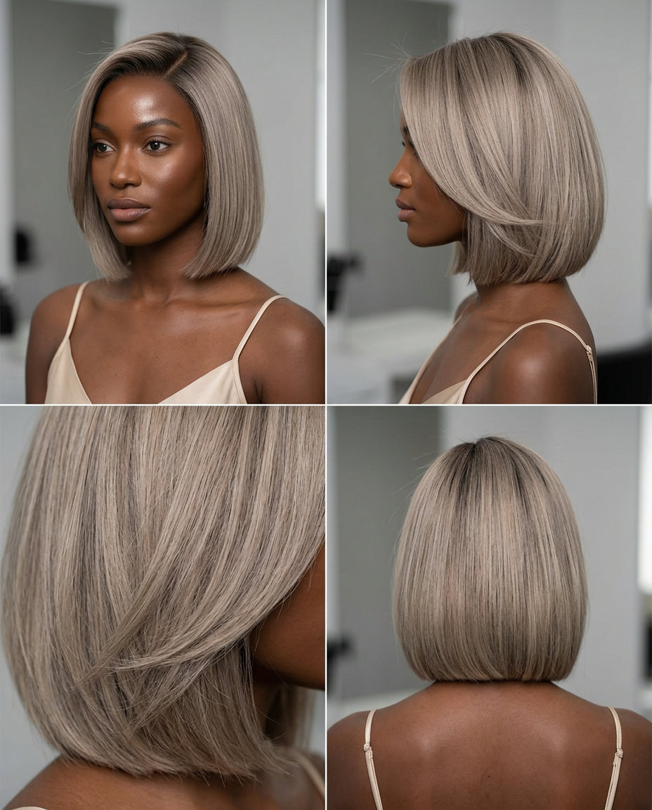 chin-length italian bob in smoked marshmallow blonde with charcoal root for summer