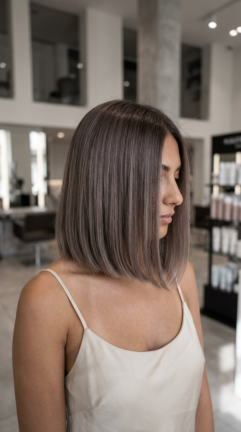 Smoked Oyster Balayage 2026 short smoked oyster mushroom brown hair with pearlescent ash balayage, no fringe — sophisticated minimalist chic