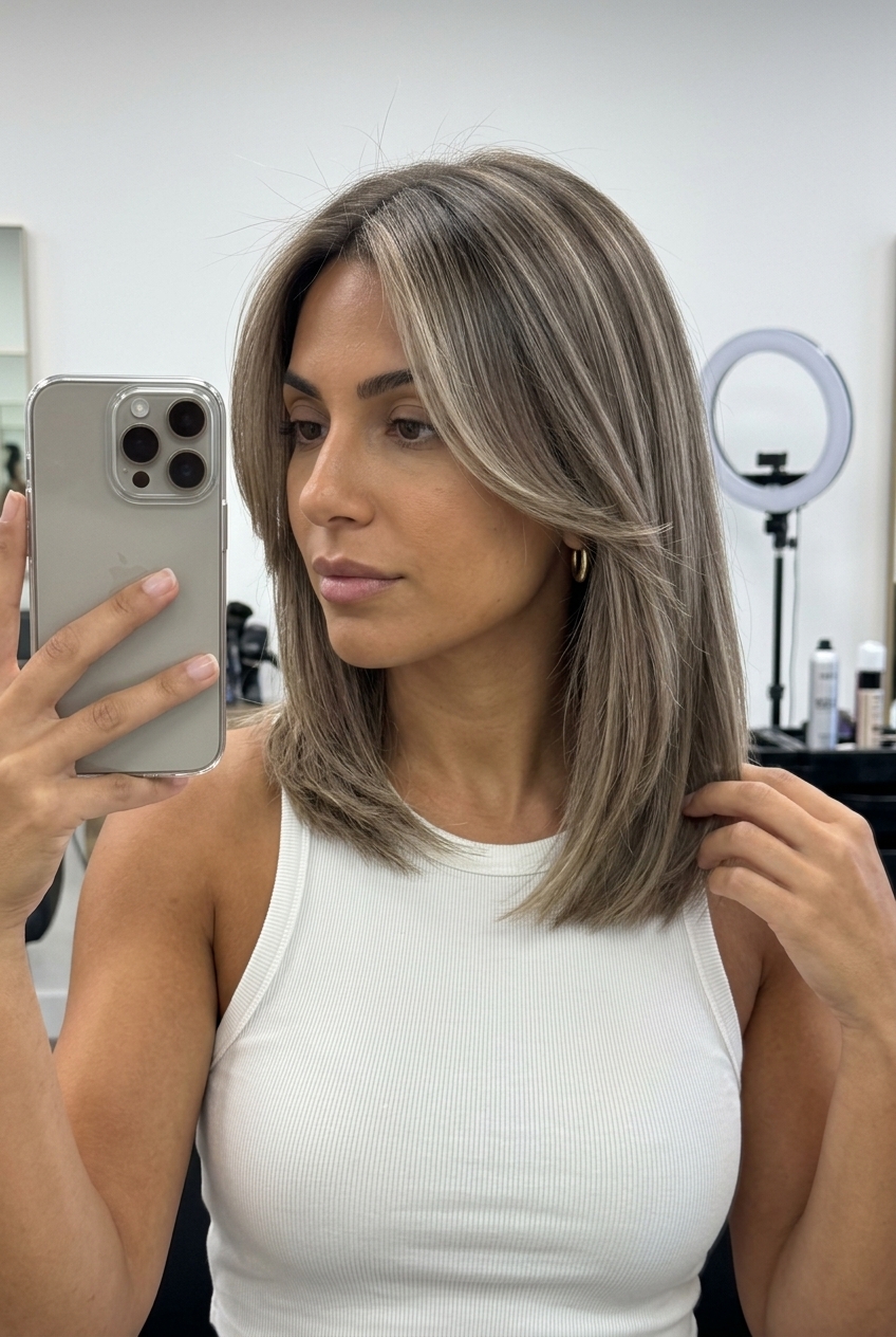 shoulder-length smoky ash bronde lob with cool beige highlights and face-framing layers for professional events