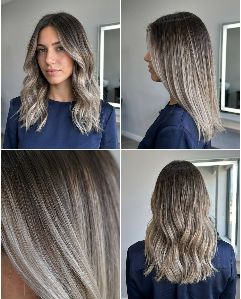 Mushroom Blonde Ombré 2026 long mushroom blonde ombré with smoky blonde ends, no fringe — bold glamorous edgy