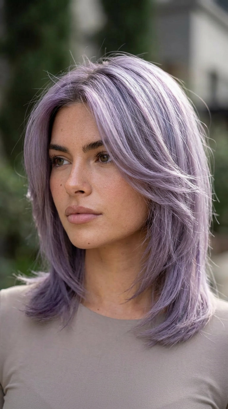 collarbone butterfly haircut in smoky lavender, piecey layers, no fringe — edgy