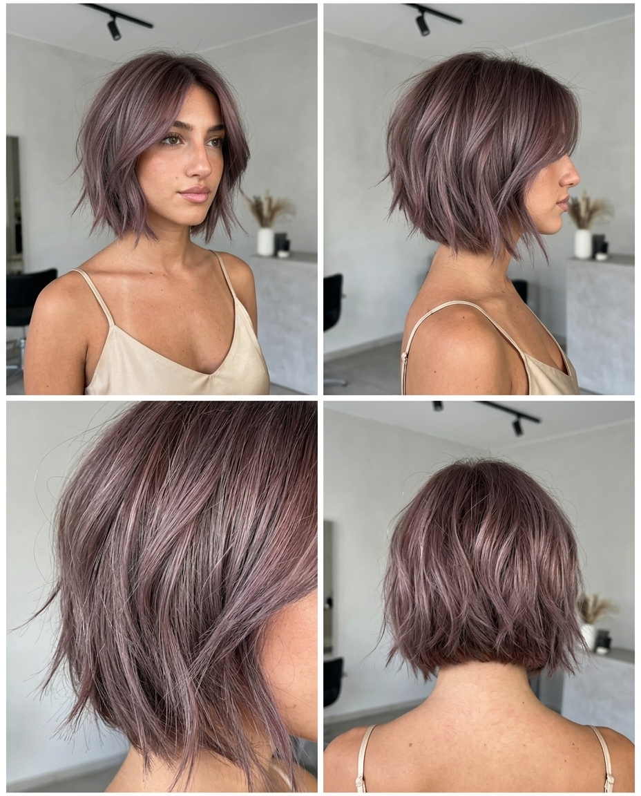 Smoky Mauve Choppy Bob 2026 short choppy bob haircut with smoky mauve color, extreme point-cutting, no bangs — edgy festival
