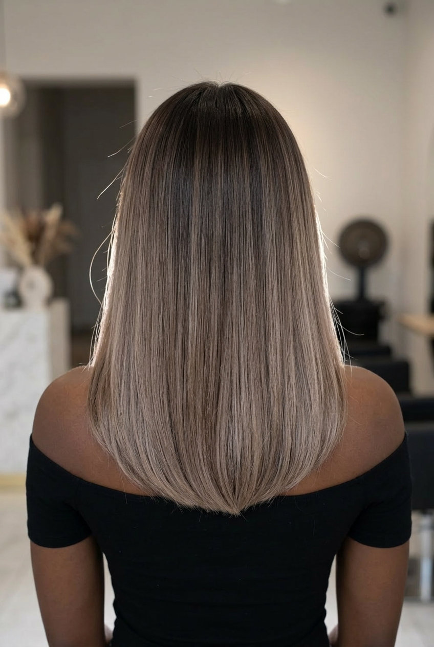 Smoky Oyster Mushroom Brown Lob 2026 mid-length lob mushroom brown hair color with pearlescent ash, color melt — sophisticated luxe style