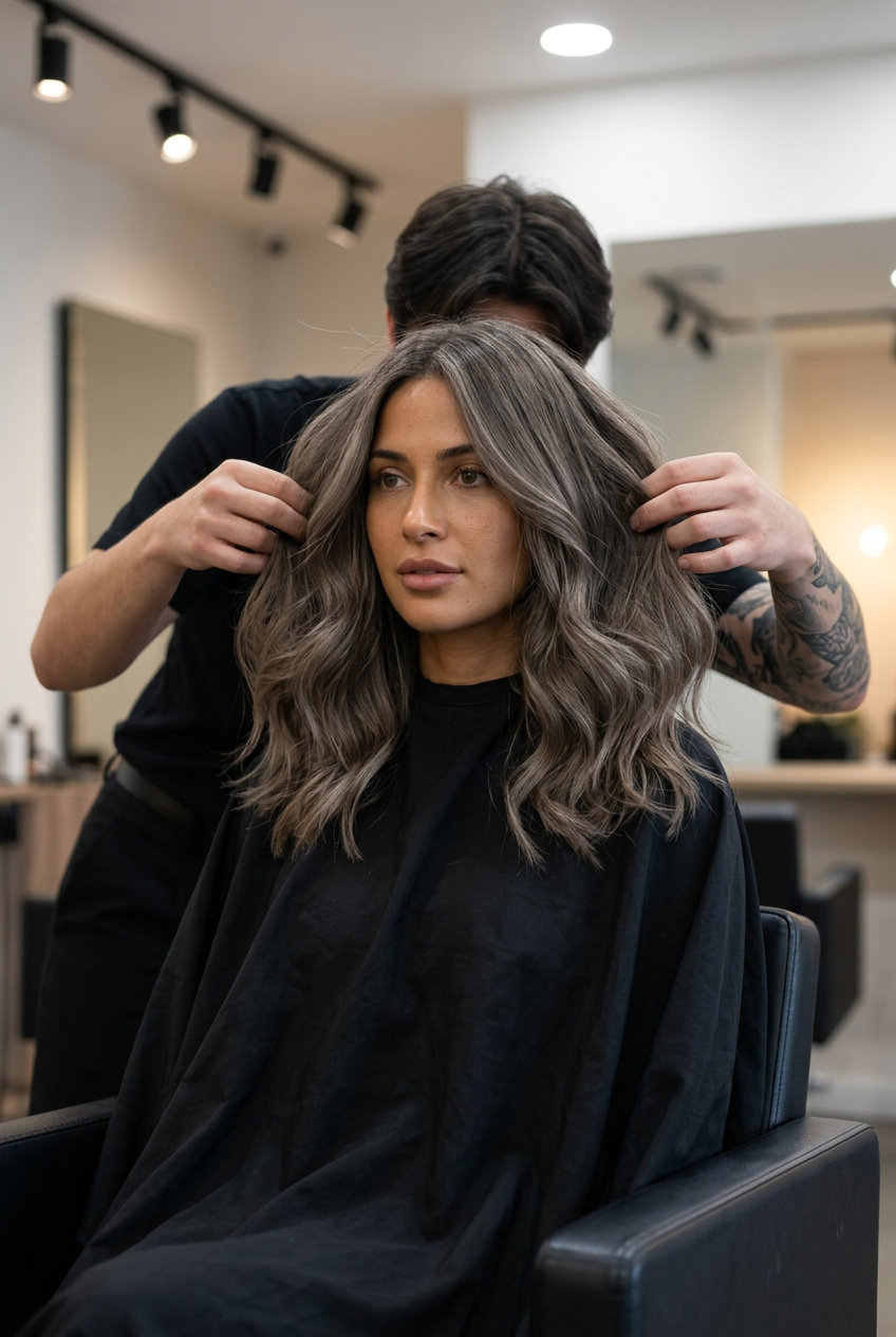 Smoky Taupe Mushroom Brown 2026 long smoky taupe mushroom brown hair with beige highlights, no fringe — effortless relaxed natural