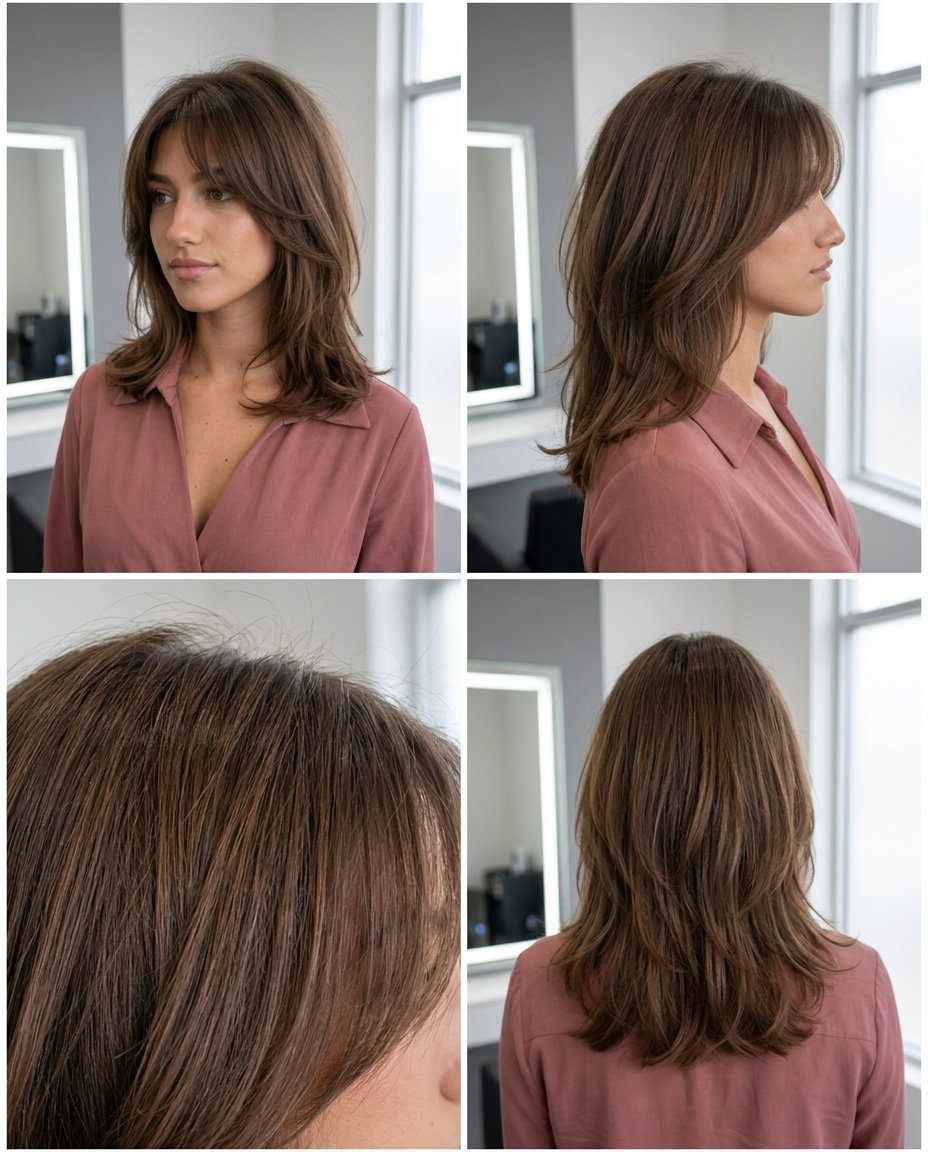 medium soft brown wolf cut with caramel undertones and wispy curtain bangs for natural beach looks