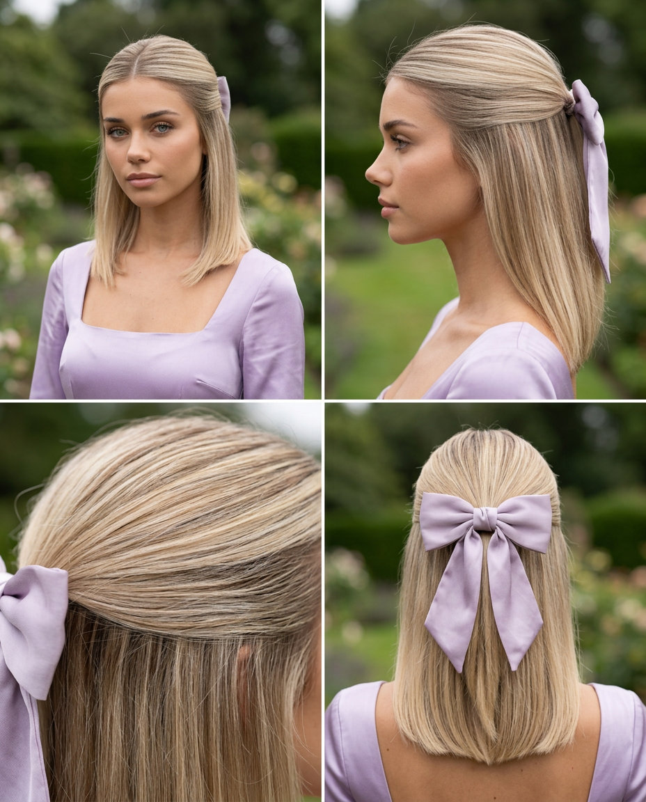 short blunt lob half-up with neutral sparkling blonde, natural root, silk bow — elegant formal style