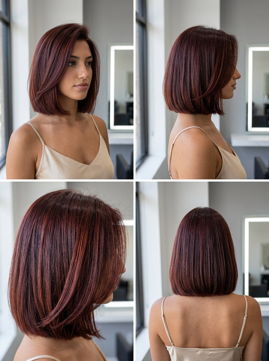 chin-length italian bob auburn haircut with deep mahogany color, blunt perimeter, and deep side part for professional settings