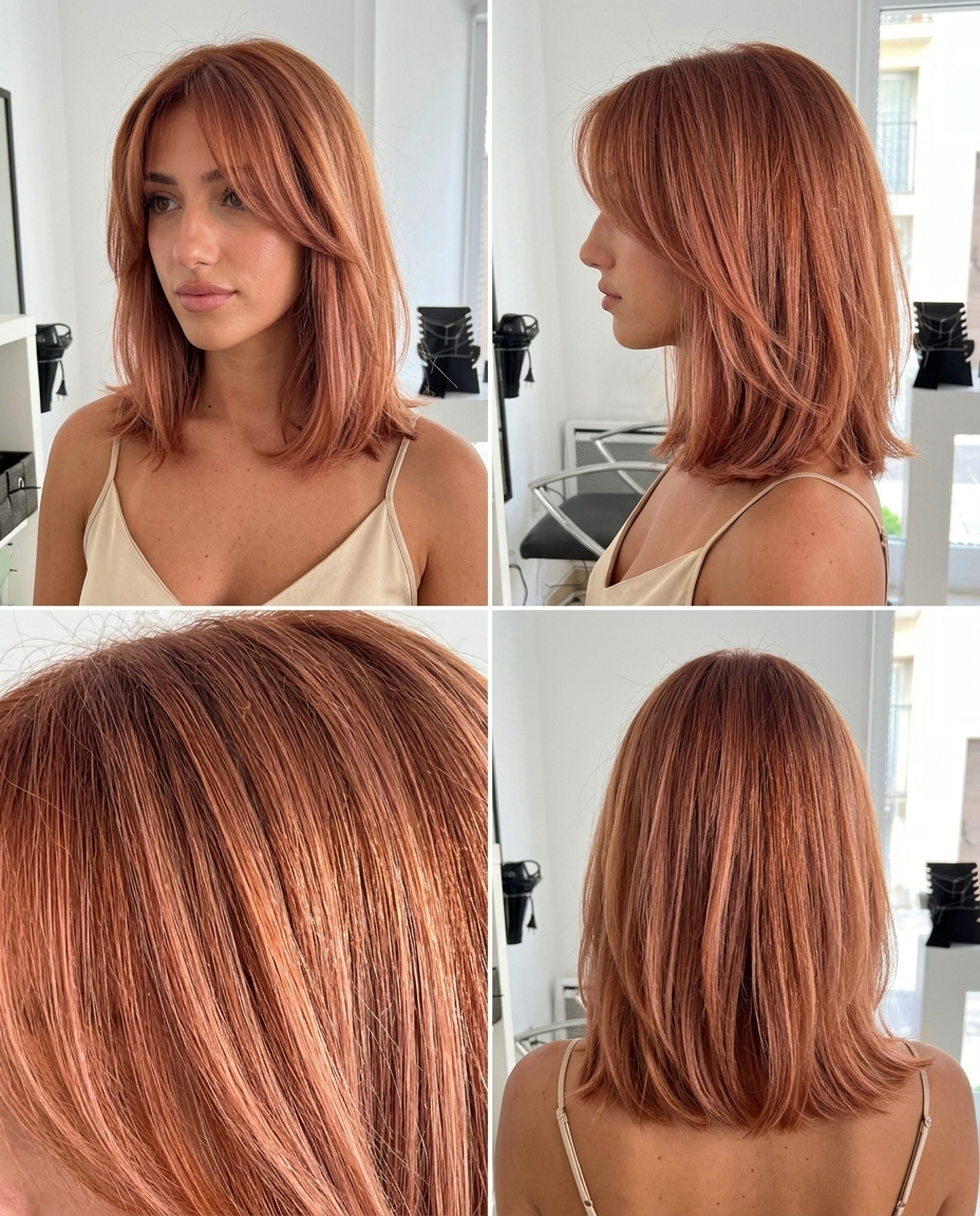 collarbone-length lob auburn with strawberry copper color, soft graduated layers and curtain bangs for brunch