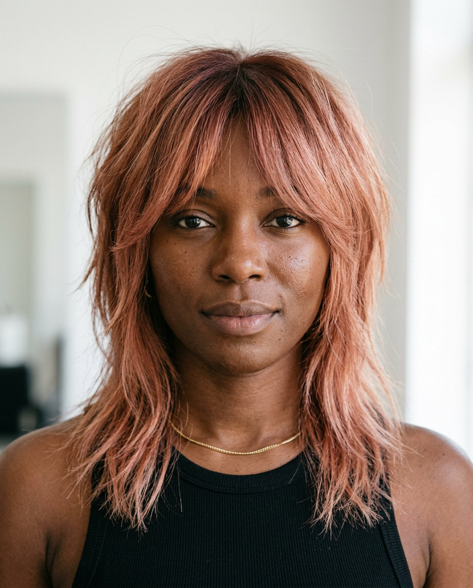 shoulder-length soft wolf cut in strawberry auburn with pinkish-gold hues, choppy layers, curtain bangs—playful & bohemian