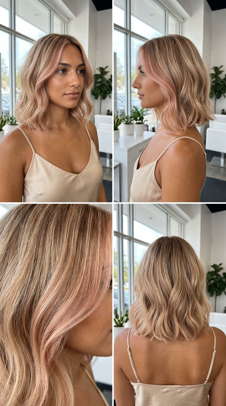 long strawberry blonde face-framing highlights with warm blonde base, hairline highlights — ethereal, romantic