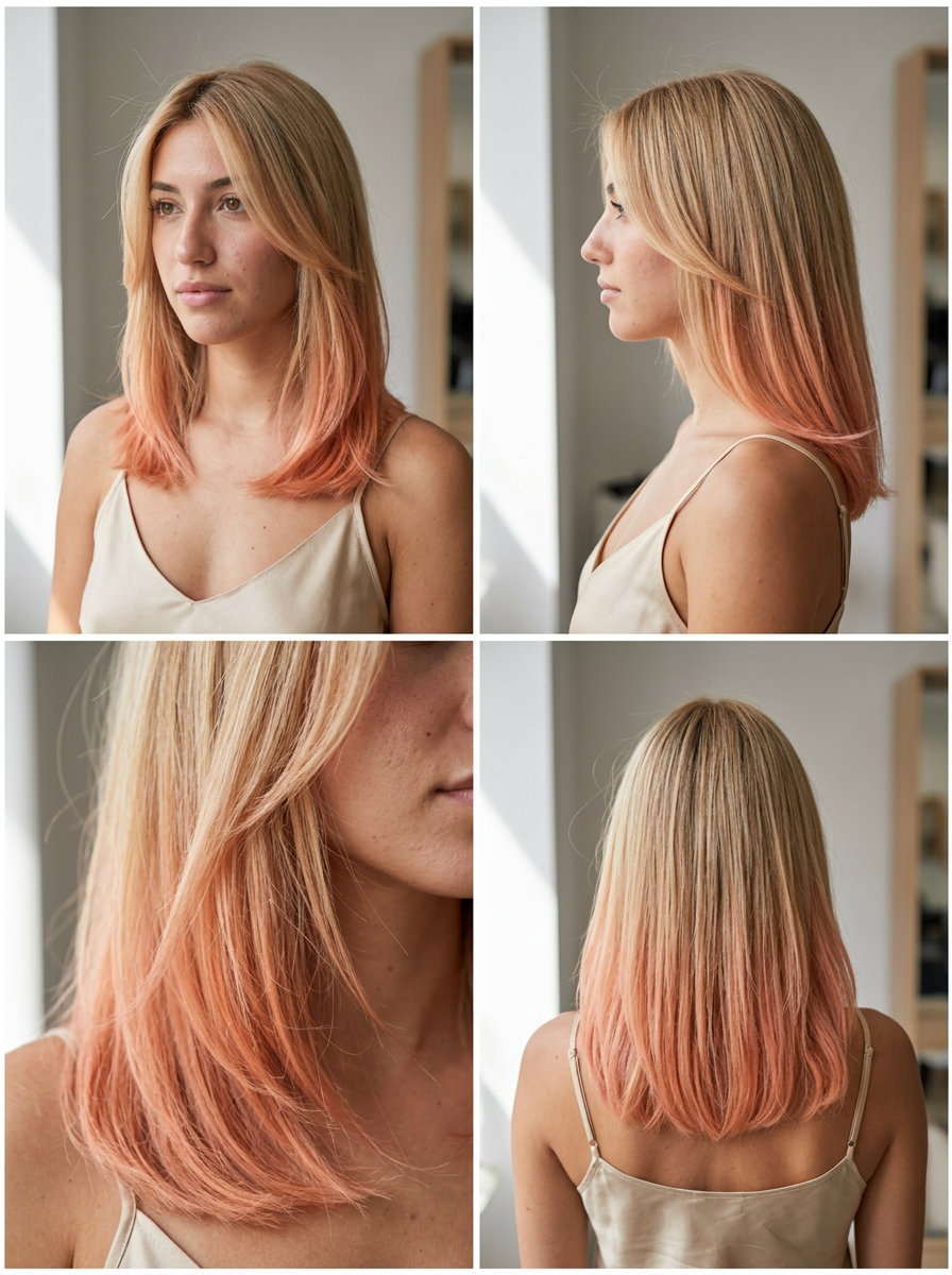 medium strawberry blonde dip-dye with peachy pink ends, blunt cut, vibrant edgy