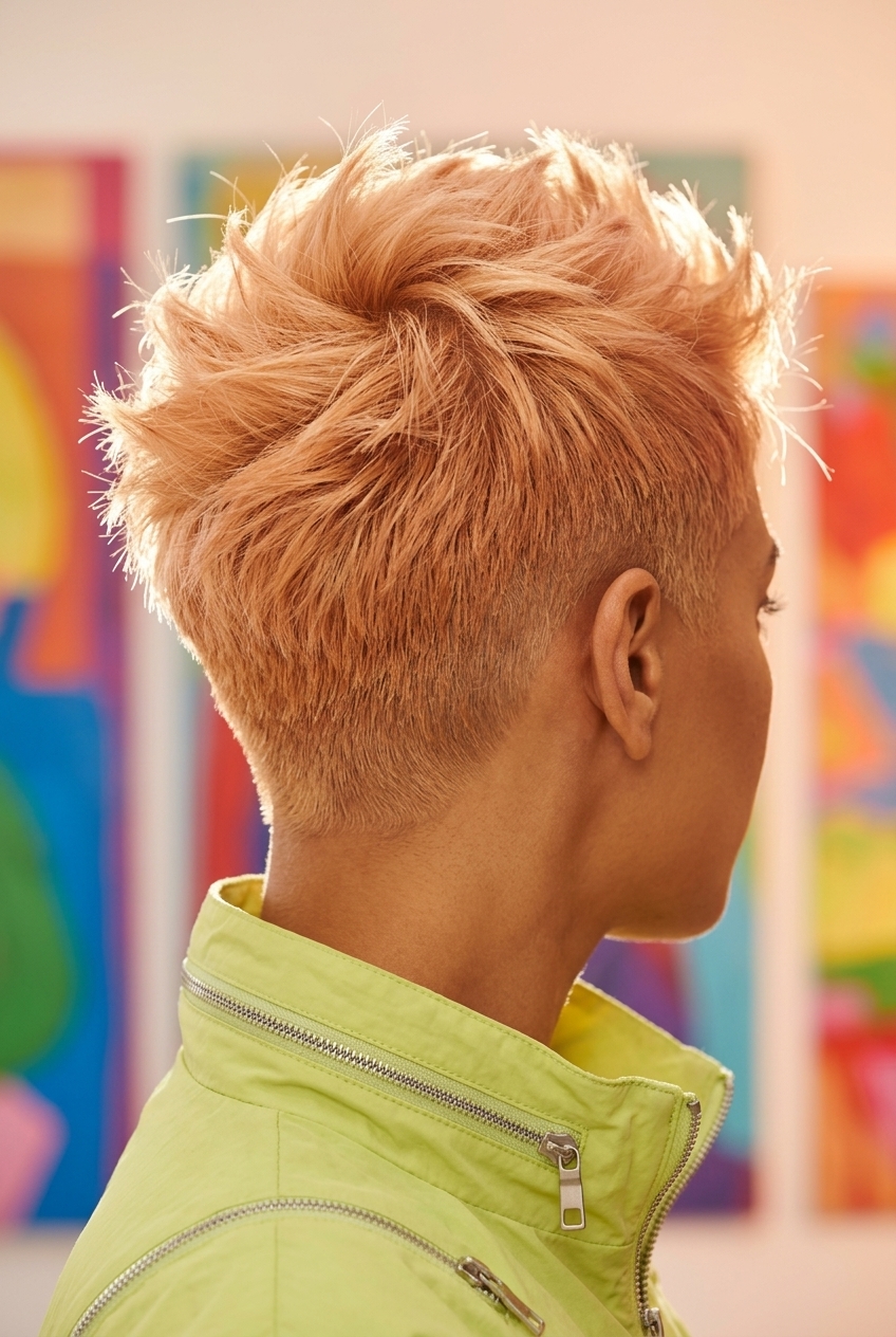 very short spiky crop in bright strawberry blonde, clipper fade sides, razored top layers — energetic