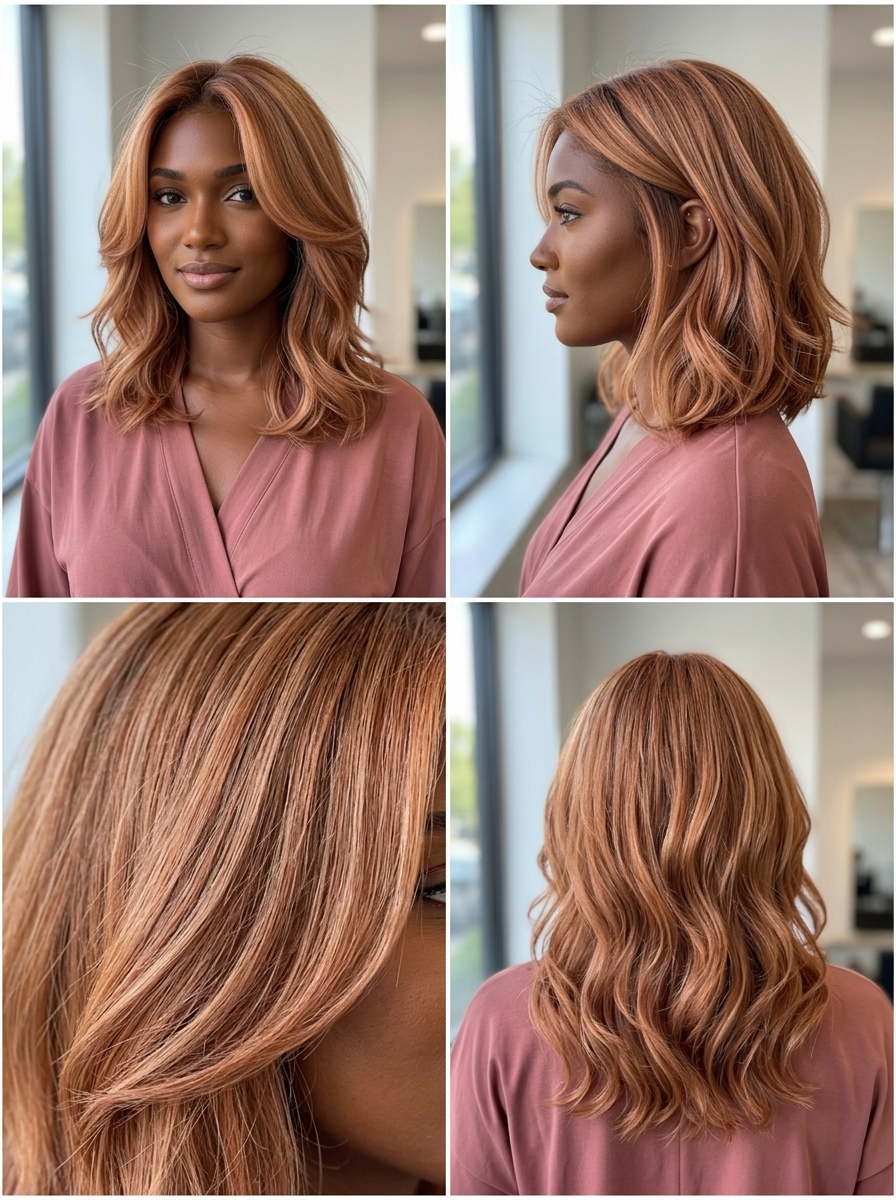 medium length layered strawberry blonde with light brown lowlights, internal layers, sophisticated
