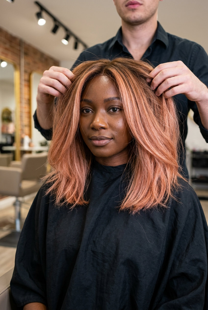 long strawberry blonde balayage with rosy-copper gloss and natural brown root for summer 2026