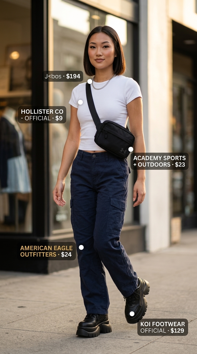 Summer Barcelona Outfits for Women 2026: Navy cargo pants & white tee for city exploration.