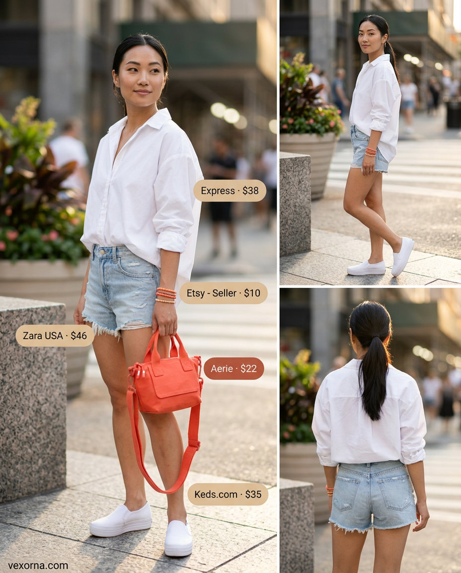 Summer Barcelona Outfits for Women 2026: Denim shorts & oversized shirt for beach days.