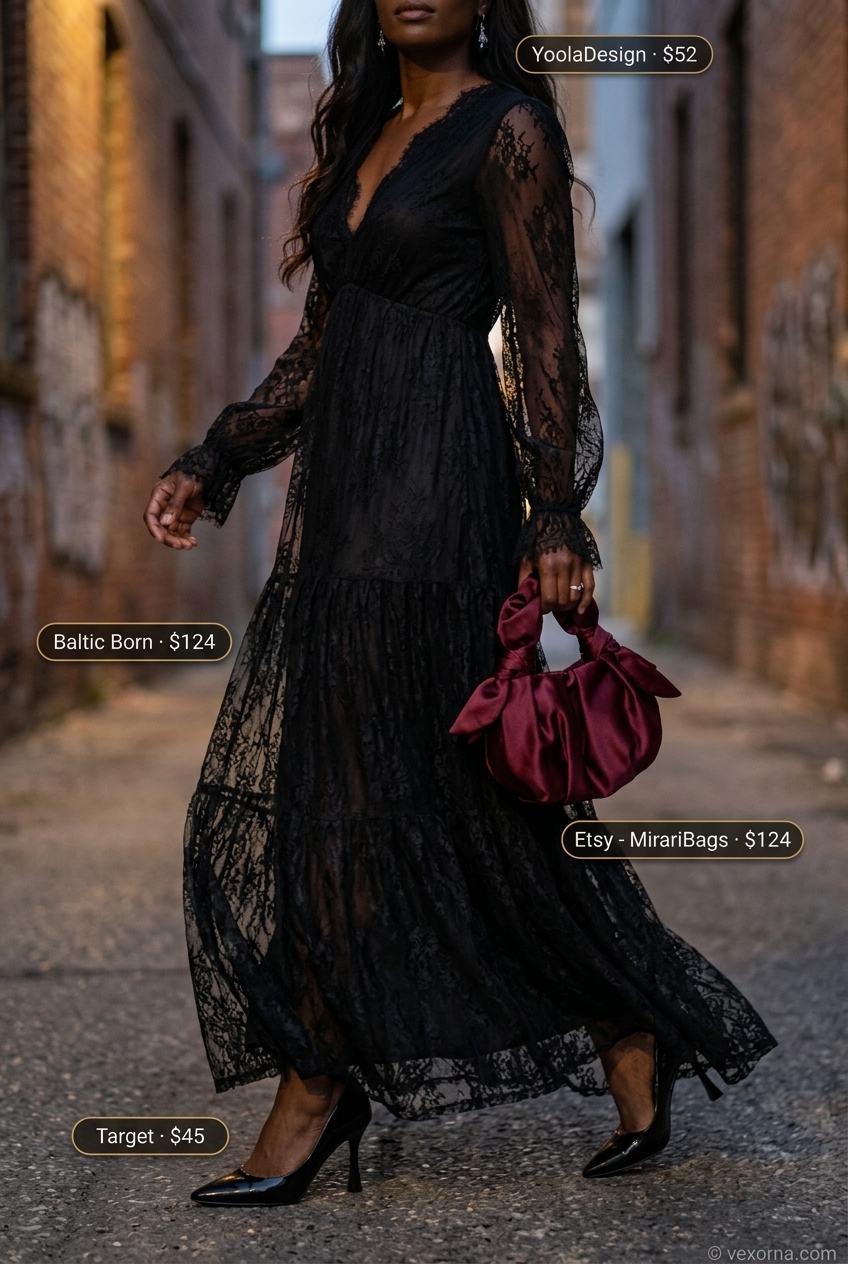 Summer Barcelona Outfits for Women 2026: Black lace maxi dress with burgundy clutch for evening.