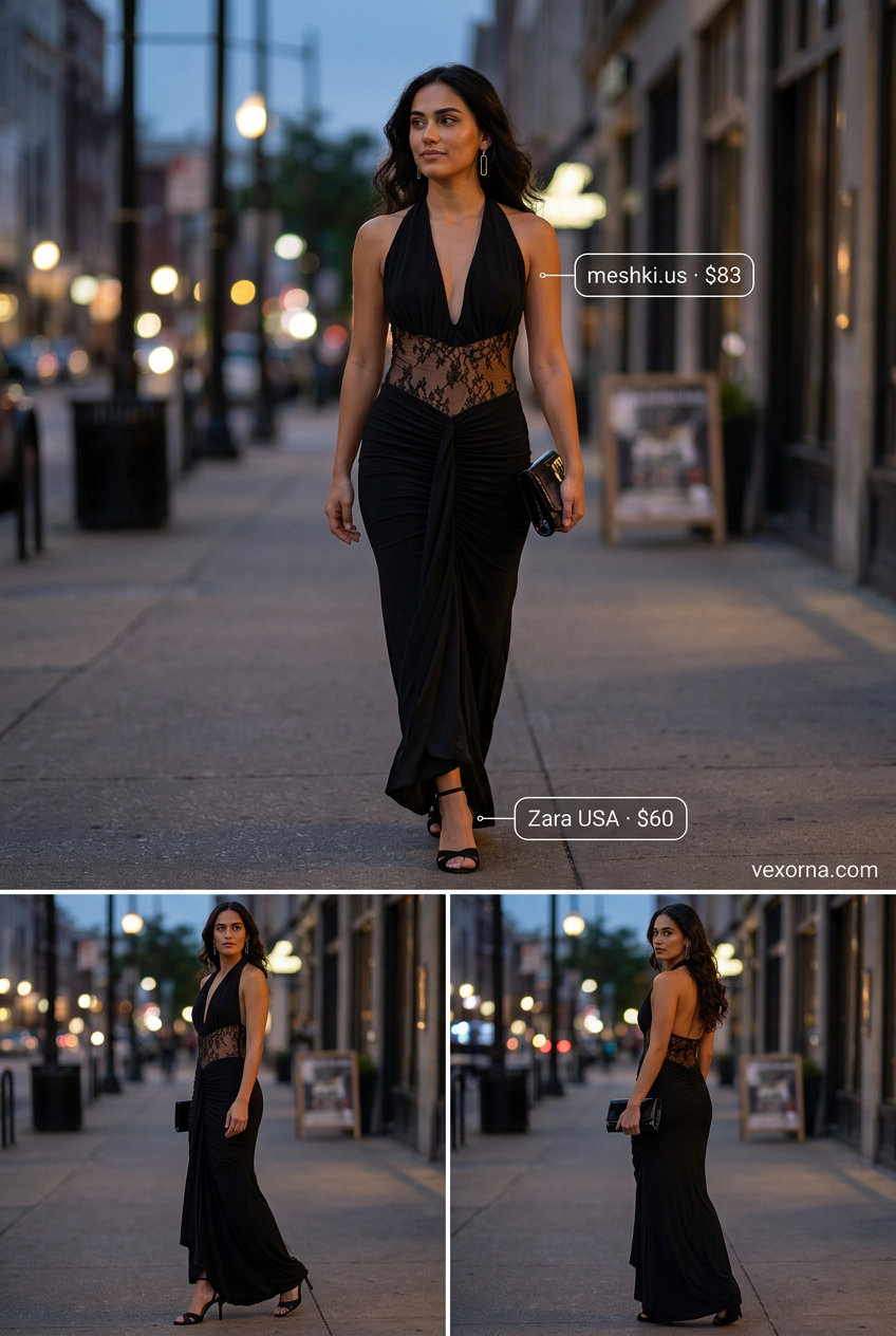 Summer Barcelona Outfits for Women 2026: Black lace maxi dress for romantic dinners.
