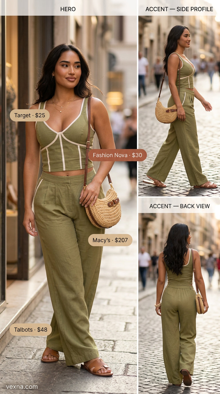 Summer Barcelona Outfits for Women 2026: Cream linen crop top & olive green wide-leg pants set for sightseeing.