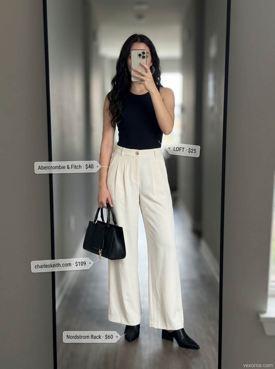Summer Barcelona Outfits for Women 2026: Cream wide-leg trousers & black bodysuit for chic evenings.