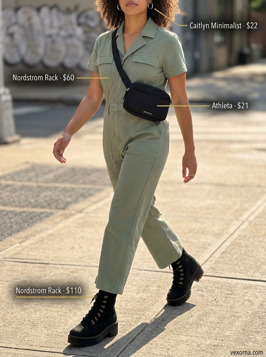 Summer Barcelona Outfits for Women 2026: Olive green utility jumpsuit for urban exploration.