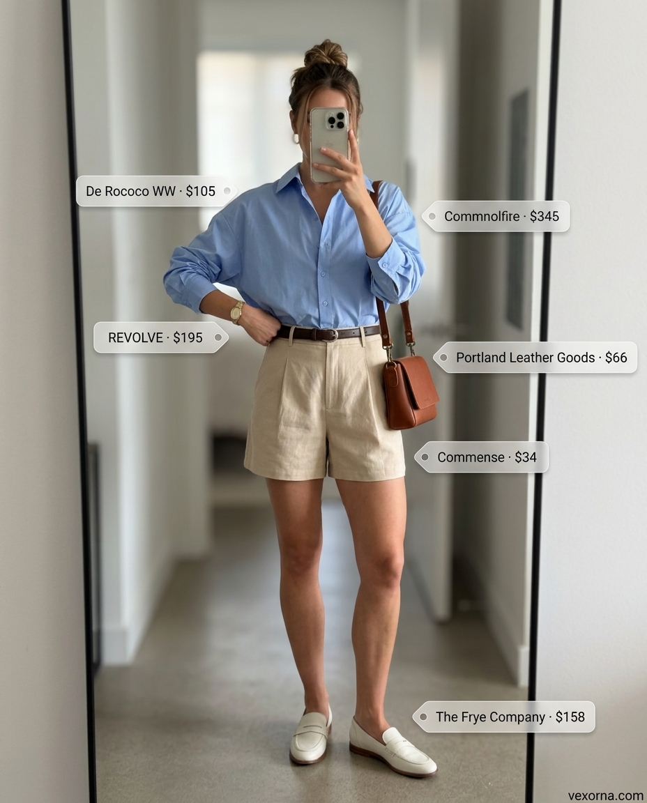 Summer Barcelona Outfits for Women 2026: Beige linen shorts, white shirt, loafers for casual city exploration.