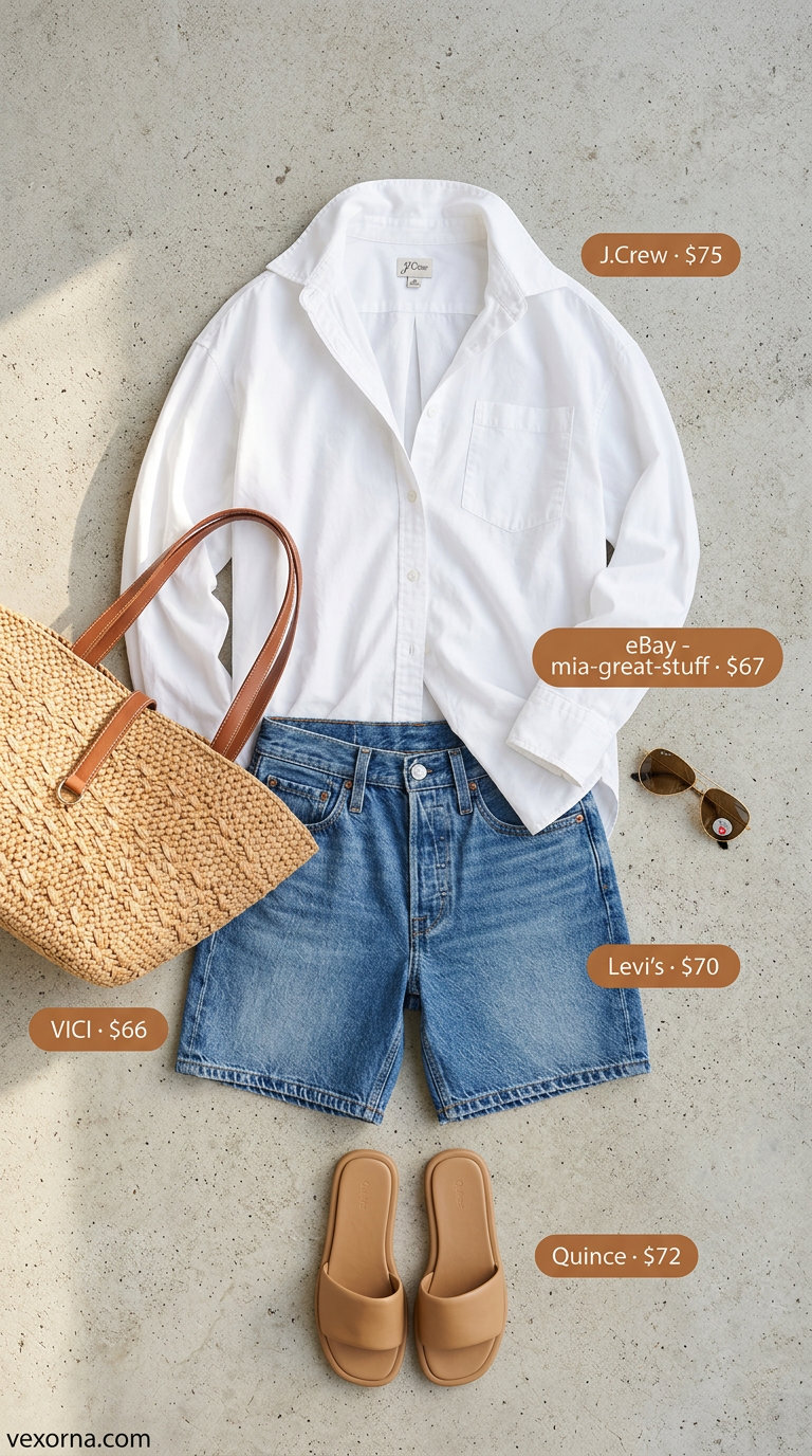Summer Barcelona Outfits for Women 2026: Denim shorts, oversized white shirt, straw tote for beach day.