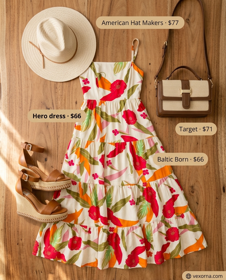 Summer Barcelona Outfits for Women 2026: Multicolor floral maxi dress, straw hat, espadrilles for a festival.