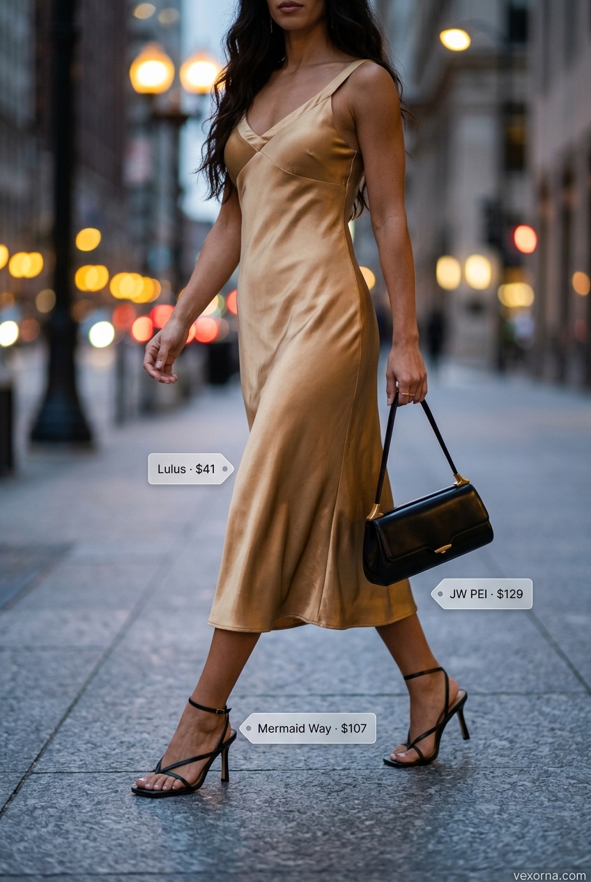 Summer Barcelona Outfits for Women 2026: Gold satin slip midi dress, black sandals, and red scarf for evening drinks.