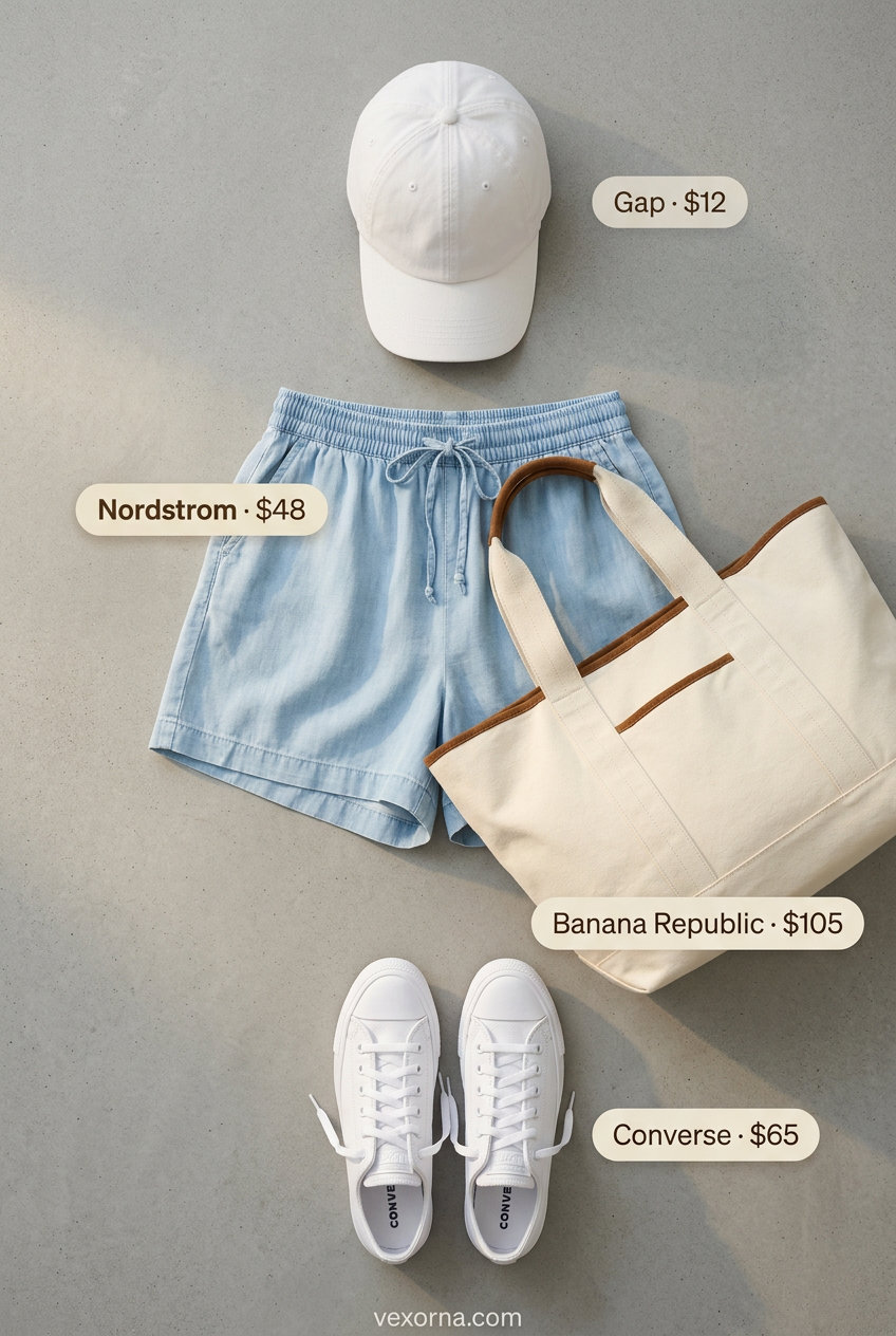 Summer Barcelona Outfits for Women 2026: Linen shorts, graphic tee, canvas tote for casual travel.