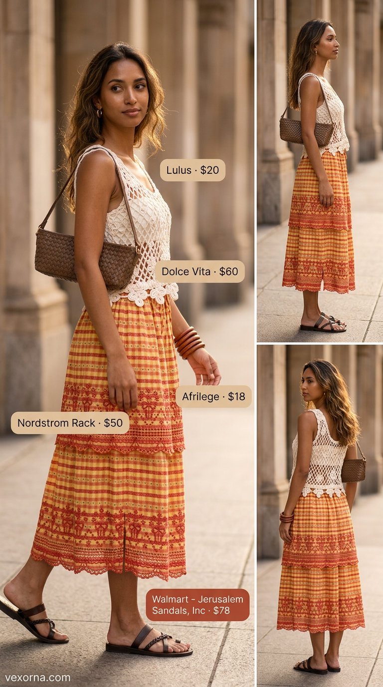 Summer Barcelona Outfits for Women 2026: Terracotta midi skirt, crochet top, leather sandals for an artistic look.