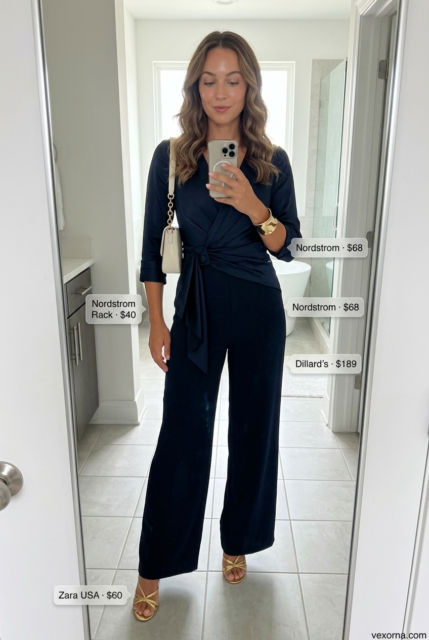 Summer Barcelona Outfits for Women 2026: Navy blue tailored romper, gold sandals, and cream bag for evening drinks.